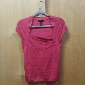 WHBM Red Top Women Short Sleeve Shell Striped Bandage Shirt Sz S RRR